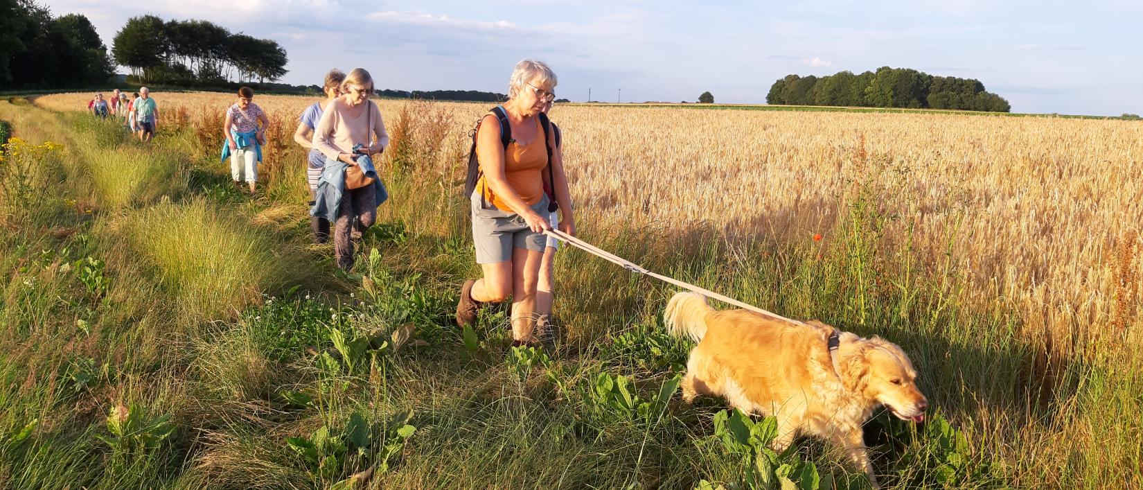 We wandelen via kleine veld en bospaden