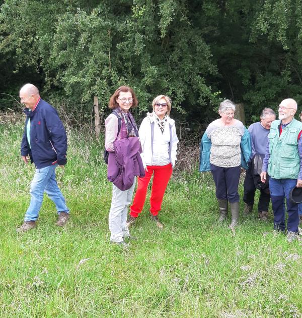 Groep wandelaars komen door "draaimolen" aan in een weide